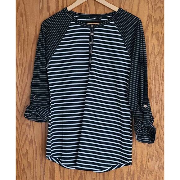 Doe & Rae Black And White Striped Henley top Size L - Picture 1 of 2